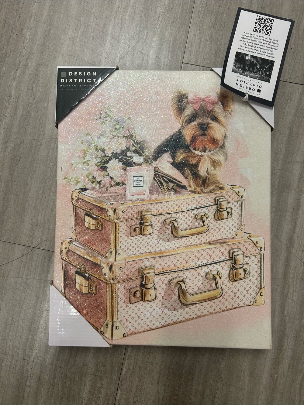 NWT District Pink Puppy on Vintage Luggage Wall Art